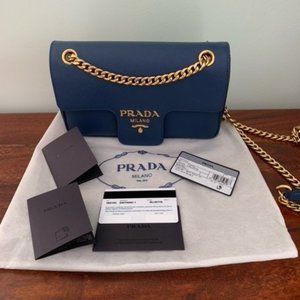 Prada Saffiano Leather Shoulder Flap Bag, Bluette